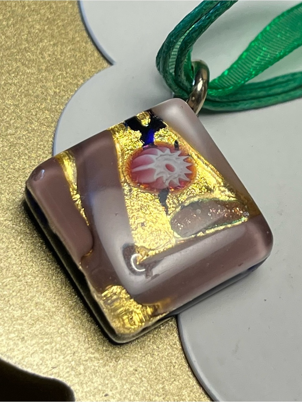 Murano  Glass Pendant with Gold Leaf and Pink Floral Millefiori EUC